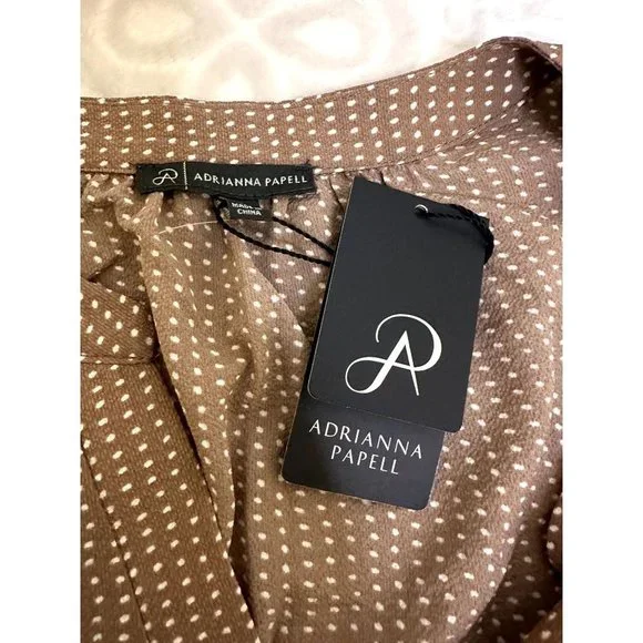 $78 NWT Adrianna Papell Plus Size 1x Brown Cream Polka Dot Short Sleeve Blouse - Picture 10 of 14